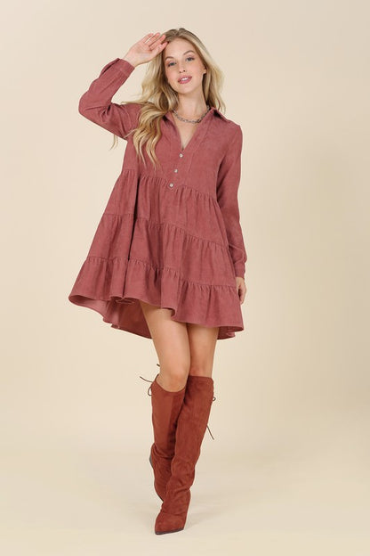 Corduroy Tiered Long Sleeve Mini Dress