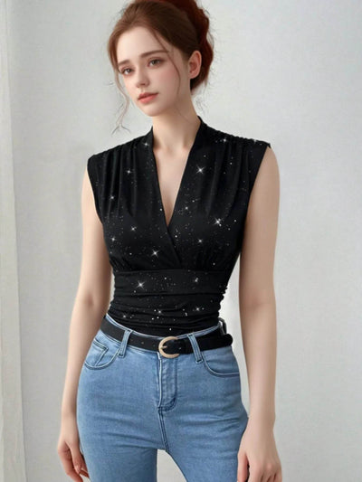 Surplice Sleeveless Slim Blouse - Elegant Wrap Style Top - Fashions Envy