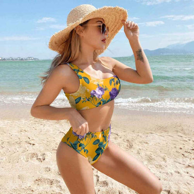 Floral Bikini Set - Yellow One Shoulder High Waist
