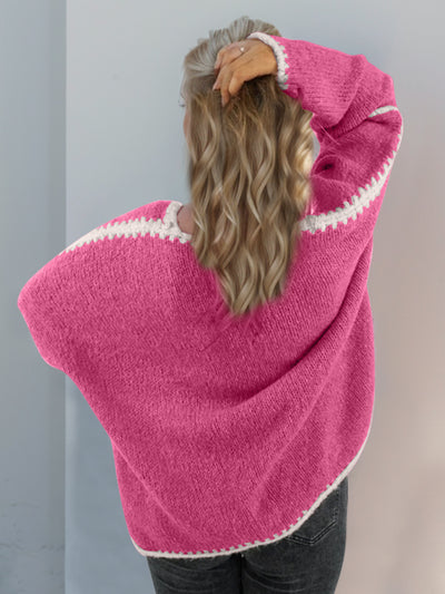 Double Take Contrast Open Front Dropped Shoulder Cardigan - Fashions Envy