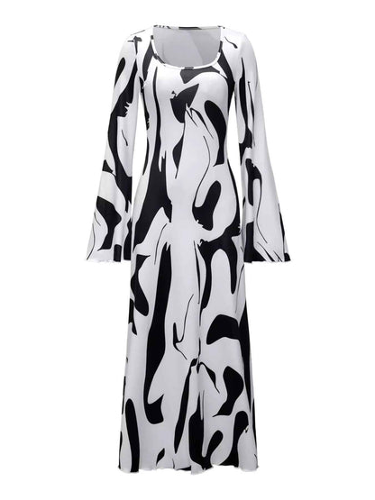 Abstract Print Maxi Dress - Long Sleeve Tie Back Style - Fashions Envy