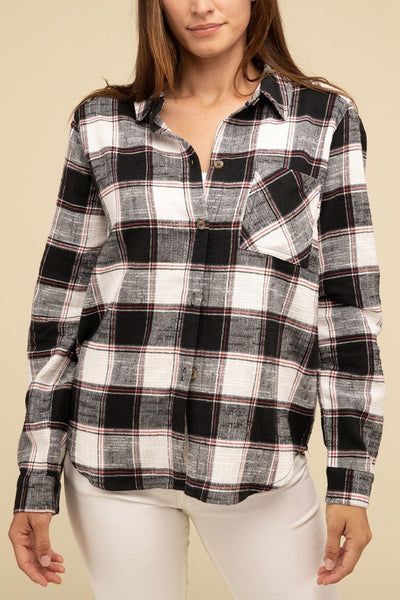 Cotton Plaid Shacket With Front Pocket - Fashions Envy