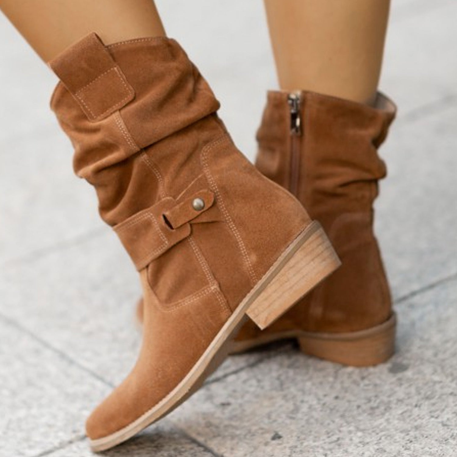 Suede Western Boots - Pointed Toe Zipper Up - Fashions Envy