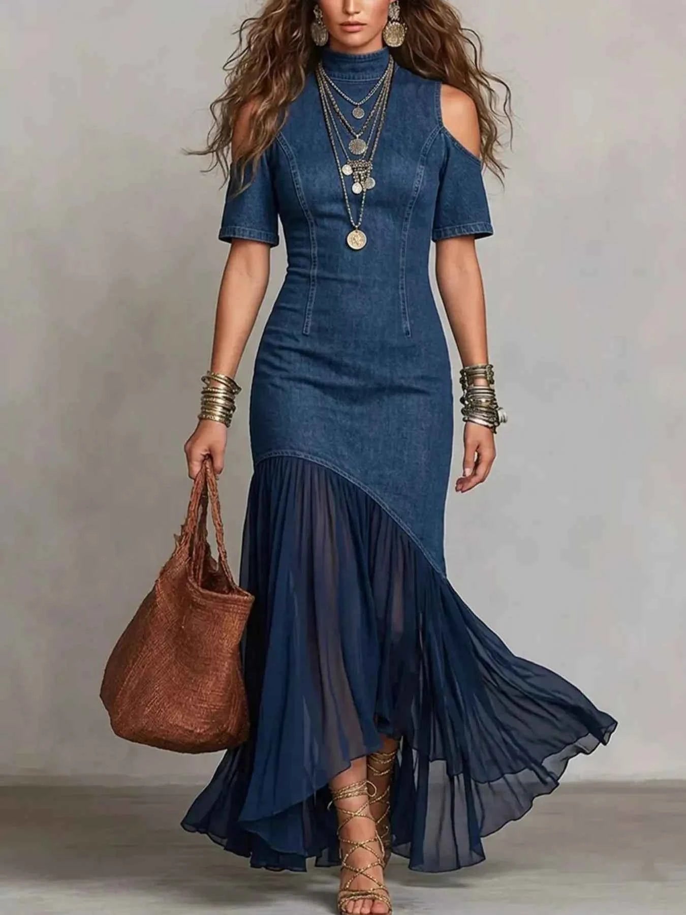 Ruffle Hem Maxi Dress - Mock Neck Cold Shoulder