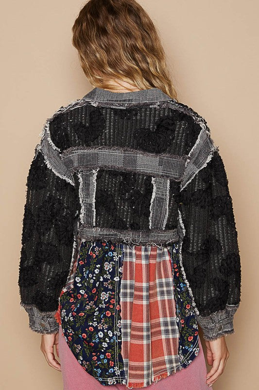 Black Crochet Patchwork Dropped Shoulder Jacket