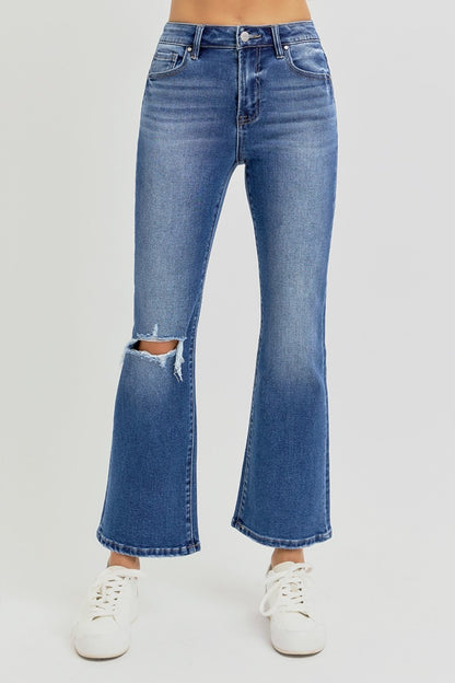 Full Size Distressed High Rise Crop Flare Risen Jeans