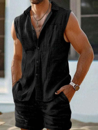 Men's Plus Size Casual Button Up Vest & Shorts Set