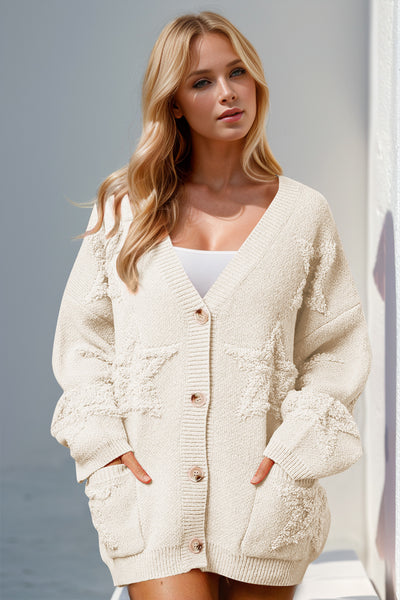 Double Take Full Size Button Up Star Pattern Cardigan - Fashions Envy