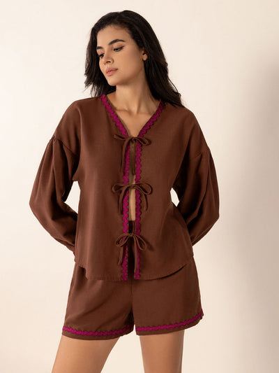 Brown Tied V-Neck Long Sleeve Top and Shorts Set