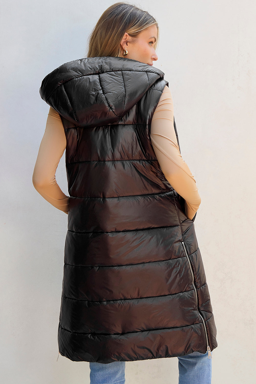 Longline Hooded Sleeveless Puffer Vest - Fashions Envy