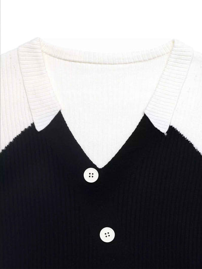 Color Block V-Neck Sweater - Chic Button Detail - Fashions Envy
