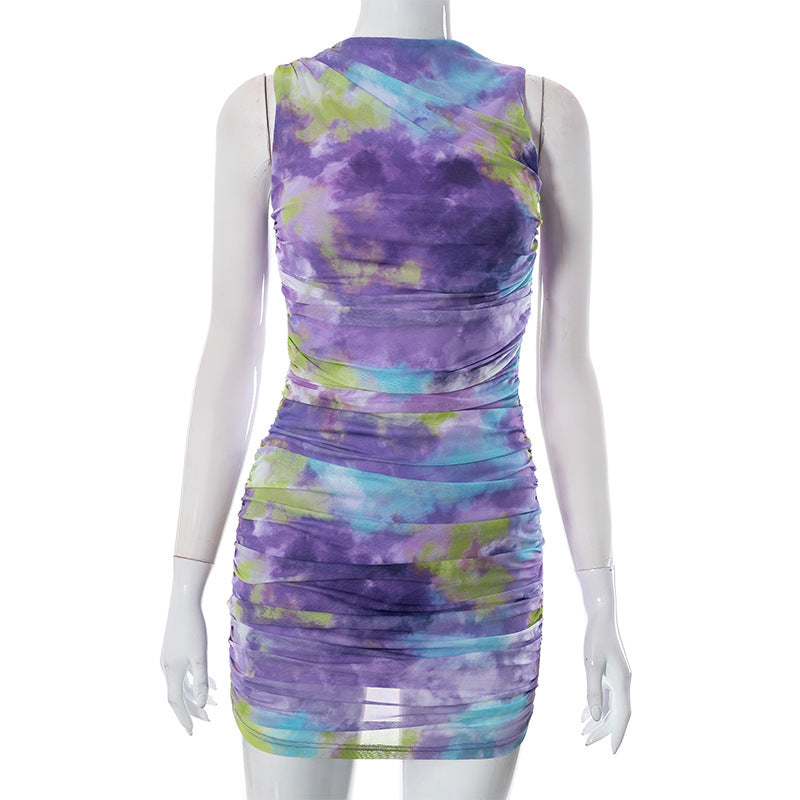 Women's Tie-Dye Mesh Dress - Round Neck Sleeveless Mini - Fashions Envy