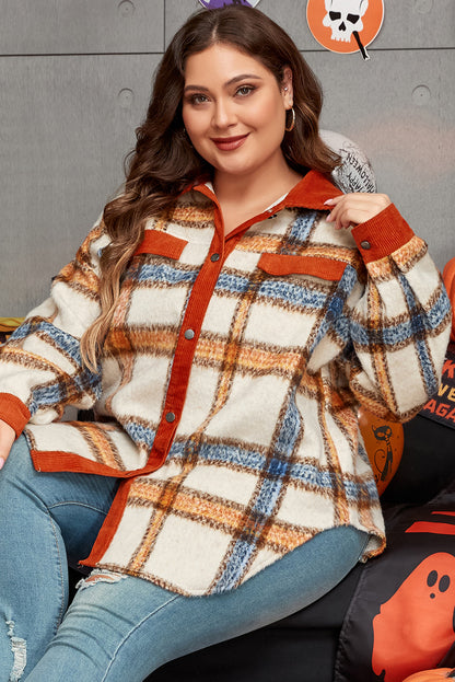 Brown Stripe Plus Size Plaid Print Collared Buttoned Jacket