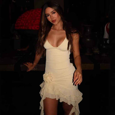Three-dimensional Flower Mini Dress - Sleeveless Halter Neck