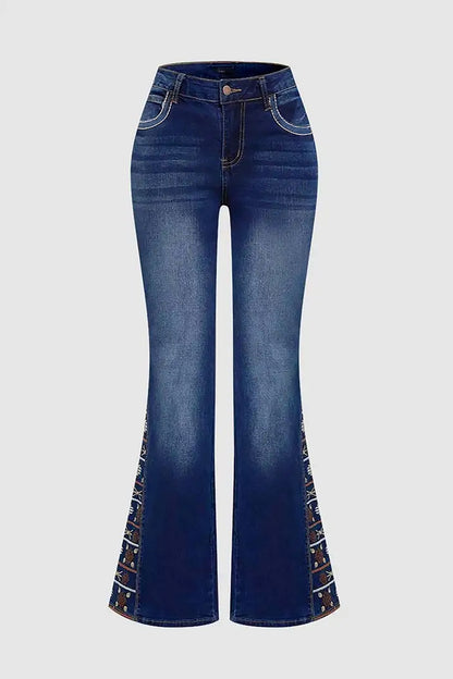 High-Waist Wide Leg Embroidered Jeans - Statement Denim