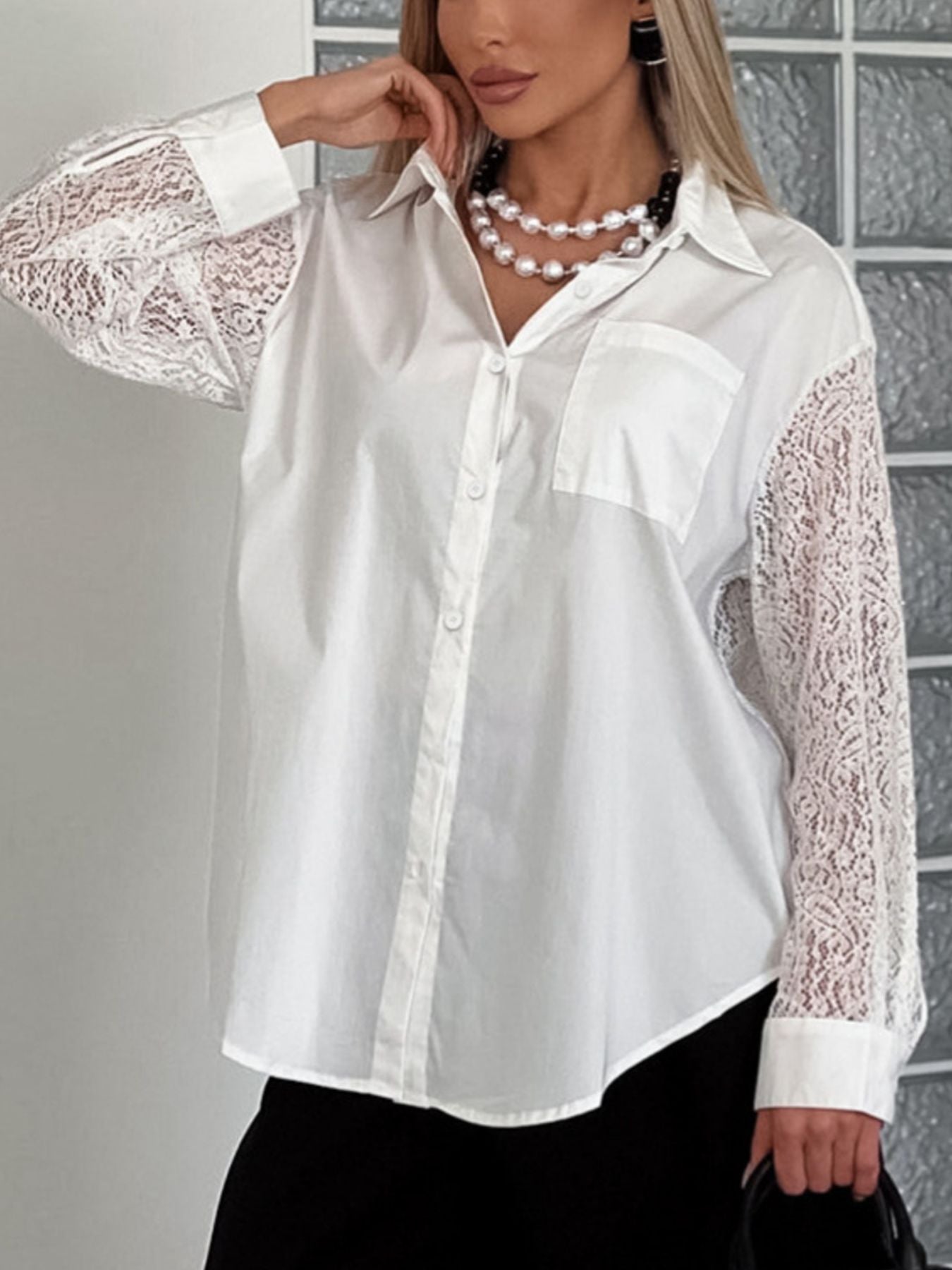 Lace Sleeve Button-Down Shirt - Front Pocket Detail