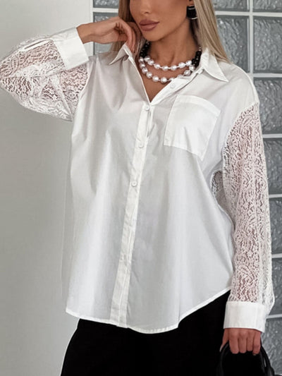 Lace Sleeve Button-Down Shirt - Front Pocket Detail
