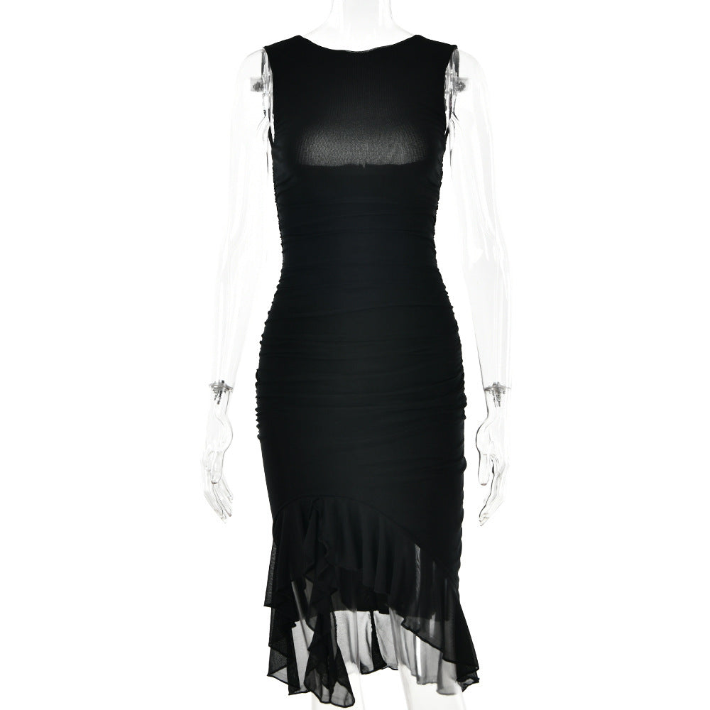High-Neck Ruffle Hem solid Color Midi Dress