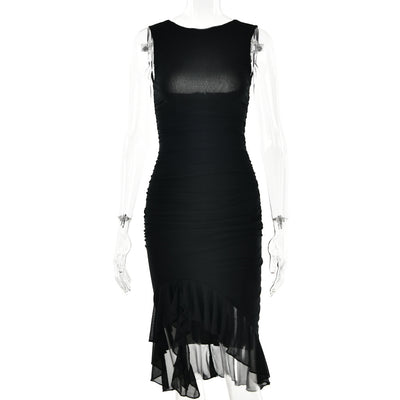 High-Neck Ruffle Hem solid Color Midi Dress