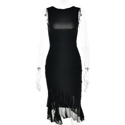 High-Neck Ruffle Hem solid Color Midi Dress