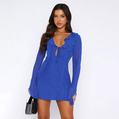 Sexy Y2K Ruffled V-neck Lace-up Long-sleeved Mini Dress