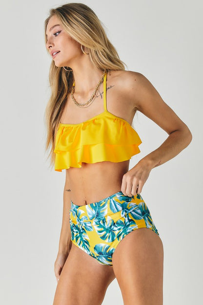 Solid Ruffle Top And Printed Bottom Bikini Swimsuit