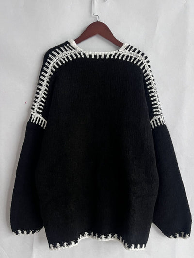 Double Take Contrast Open Front Dropped Shoulder Cardigan - Fashions Envy