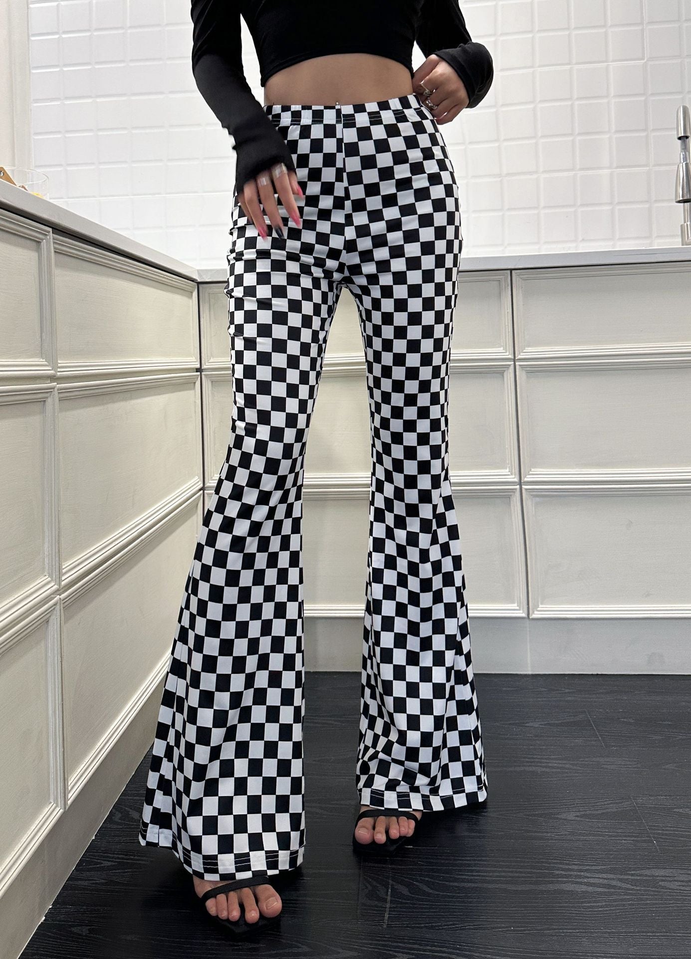 Checkered Flare Pants - High Waist Bell Bottom Yoga Pants