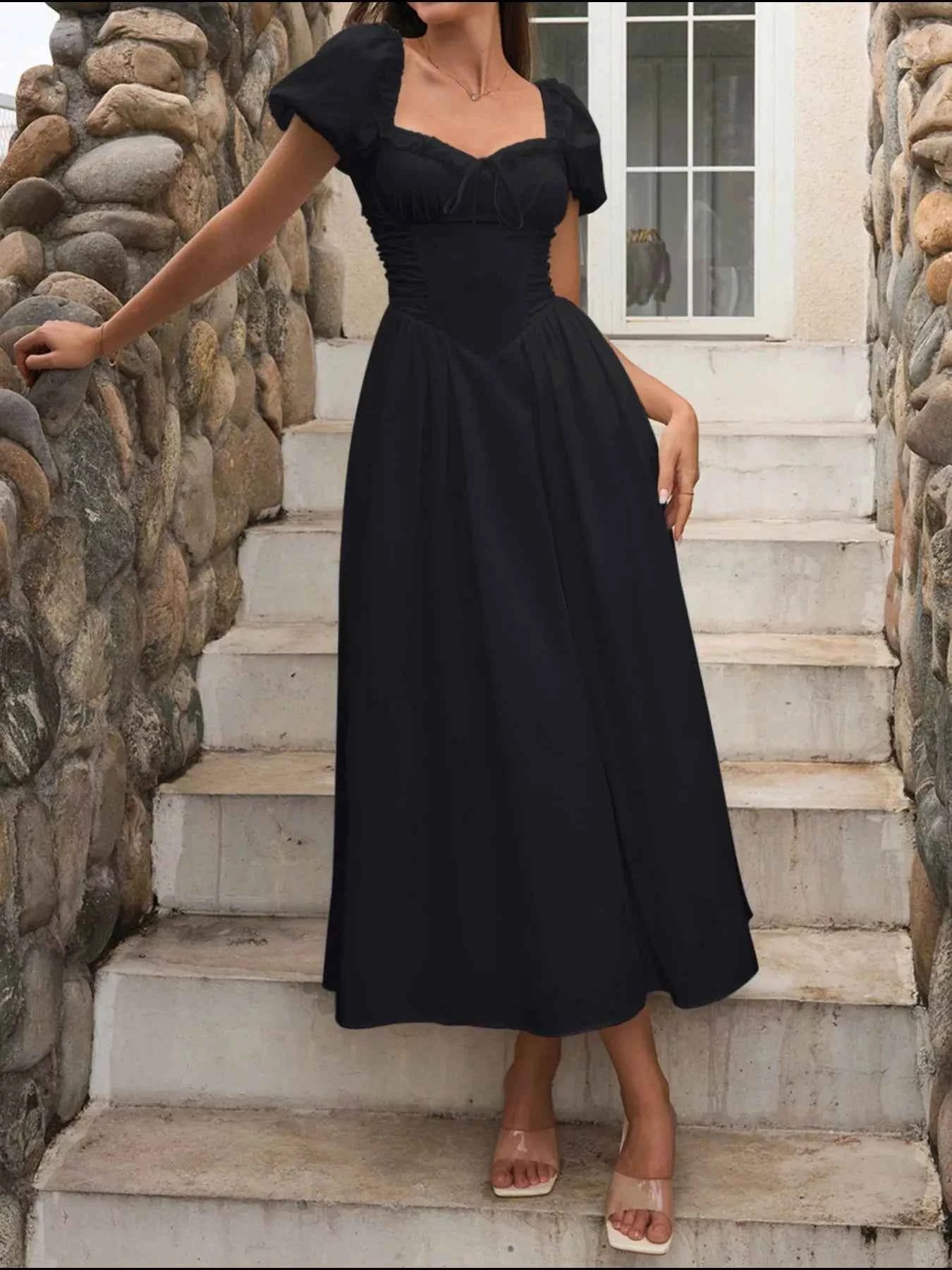 Sweetheart Neck Puff Sleeve Midi Dress