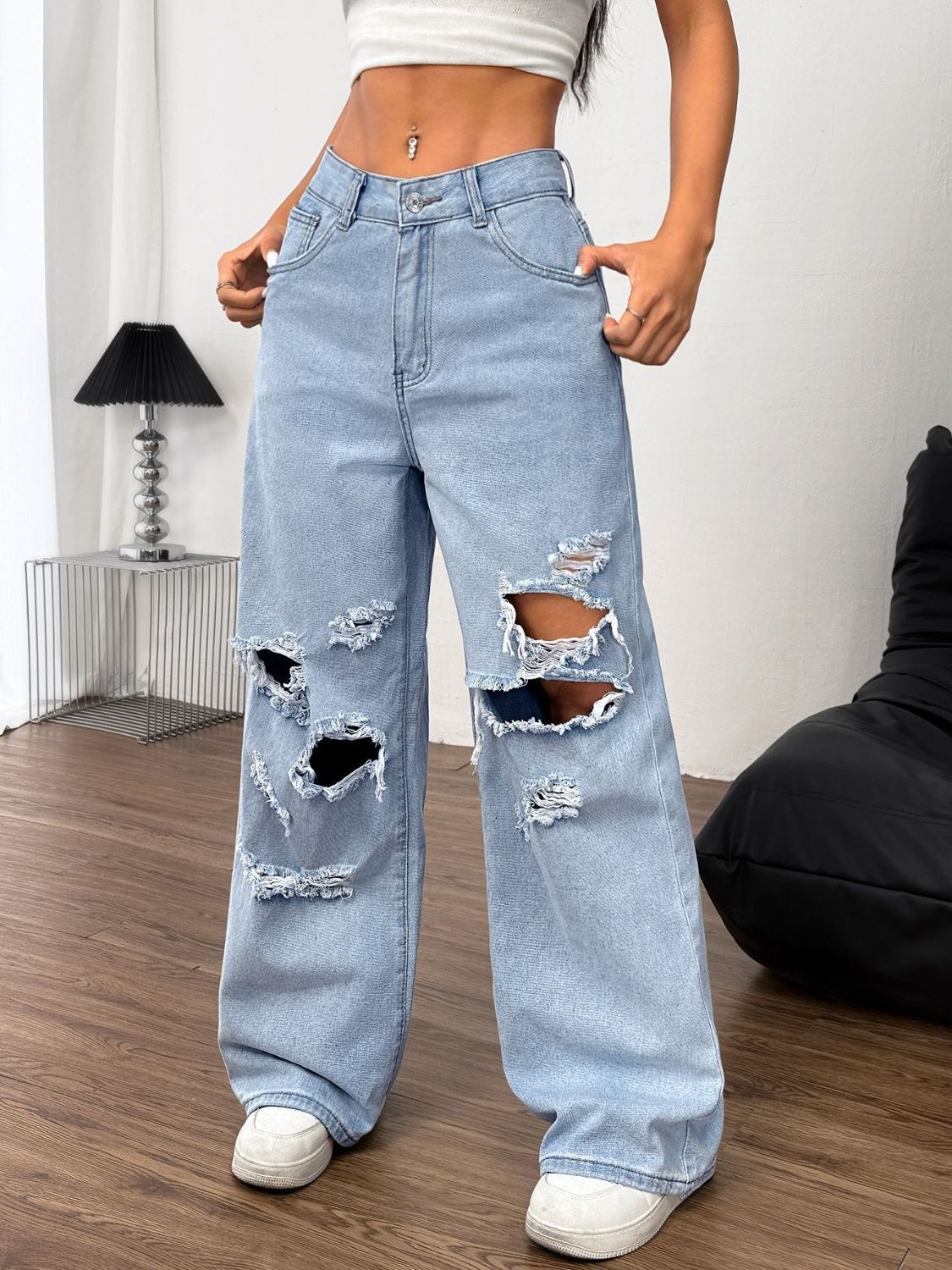 Light Denim Distressed Wide Leg Jeans with Pockets