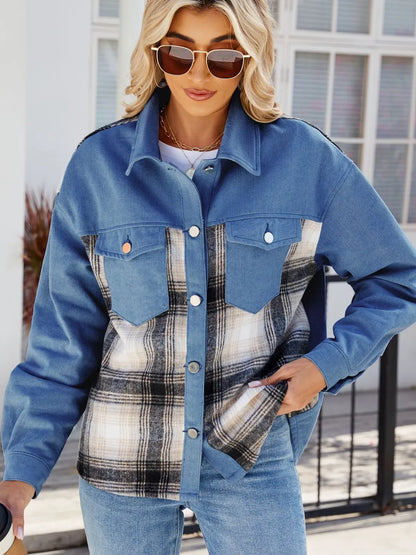 Plaid Denim Jacket - Button-Up Long Sleeve Outerwear - Fashions Envy