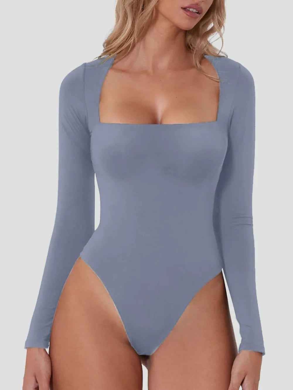Square Neck Long Sleeve Bodysuit - Sleek Fitted Style - Fashions Envy