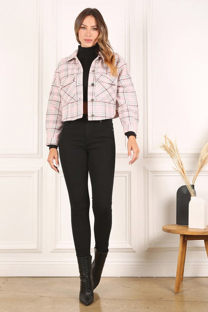 Pink Plaid Long Sleeve Cropped Jacket