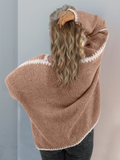 Double Take Contrast Open Front Dropped Shoulder Cardigan - Fashions Envy
