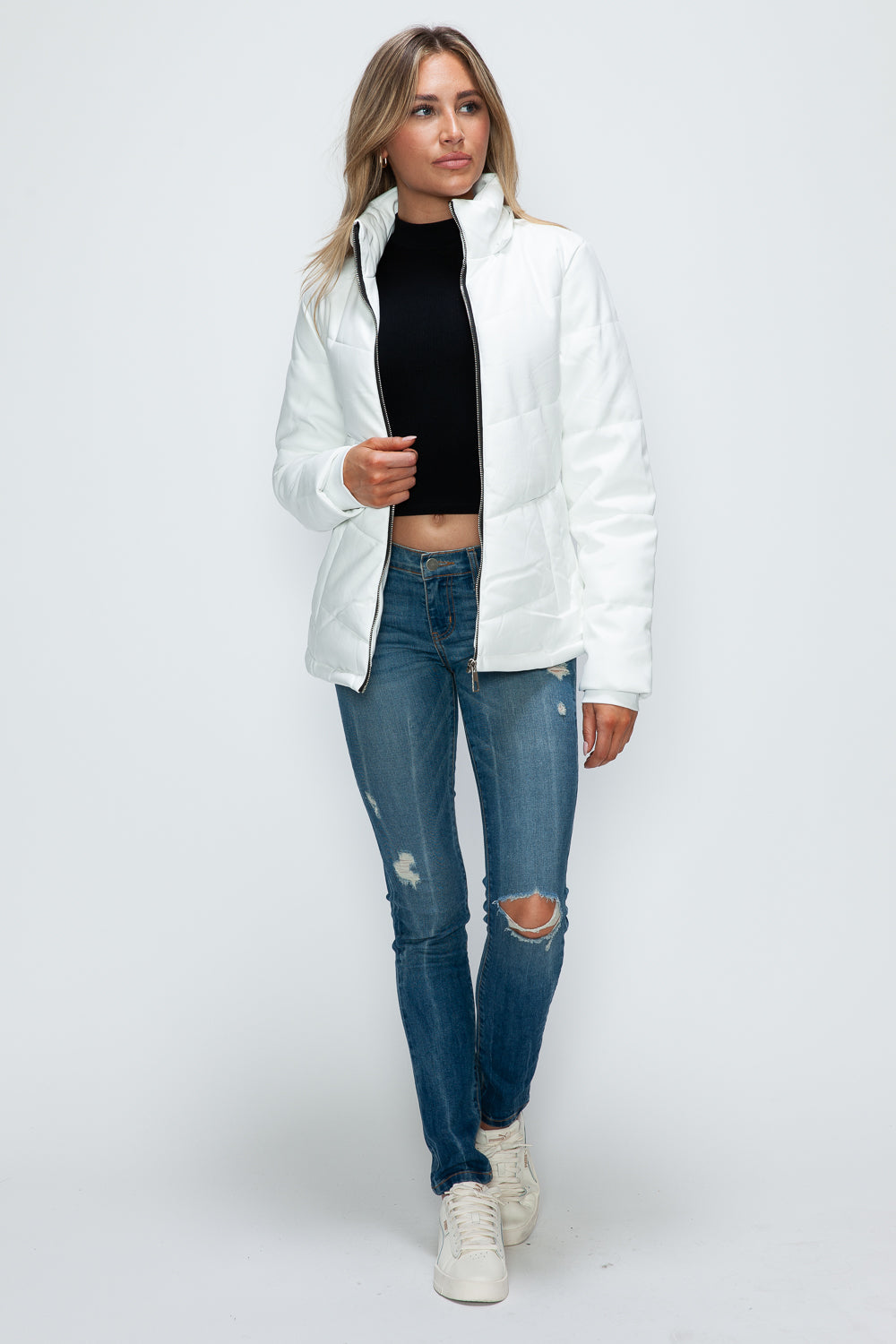 White Pocketed Zip Up Puffer Jacket with Removable Hood