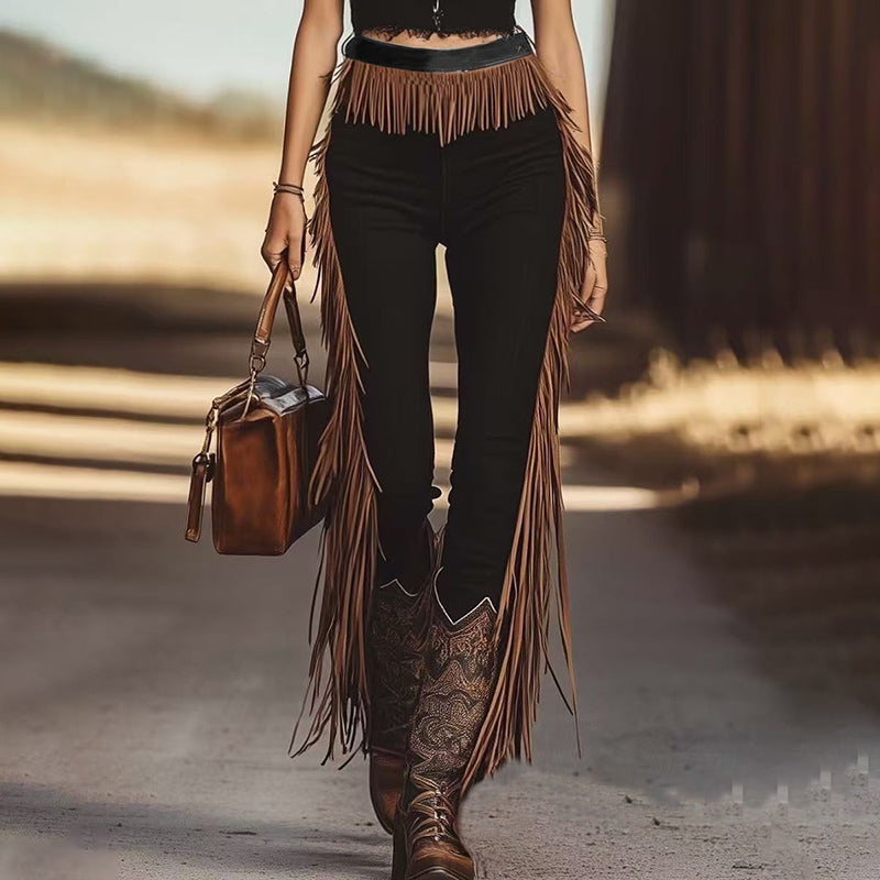 Women's Vintage Western Fringe Pants, Solid Color Slim Fit Trousers With Waist And Leg Fringe Detail