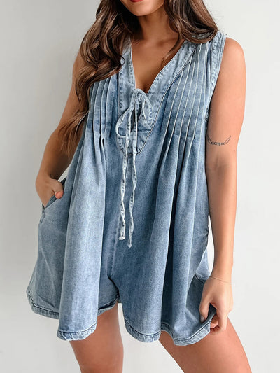 V-neck Pleated Tied Romper with Pockets