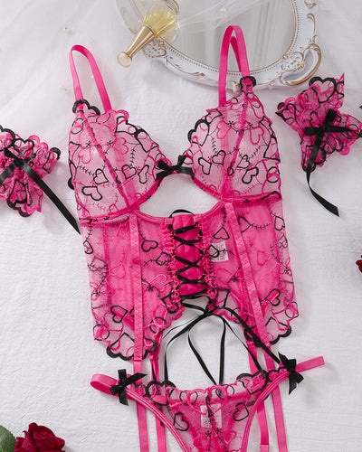 Love Embroidered Garter Set - 3PC Lace-Up Lingerie