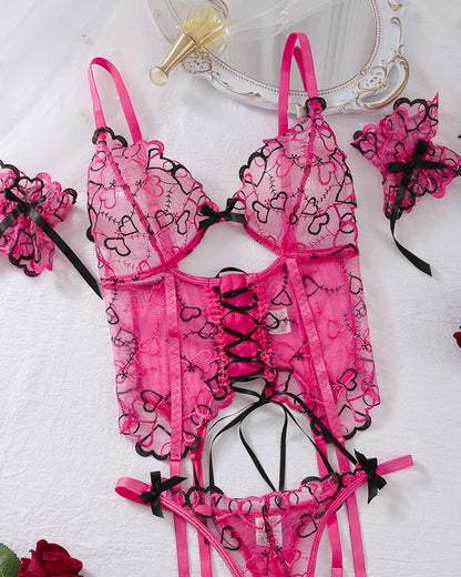 Love Embroidered Garter Set - 3PC Lace-Up Lingerie