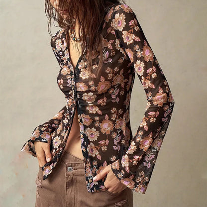 Long Sleeve V Neck Ruched Button Down Floral Shirt