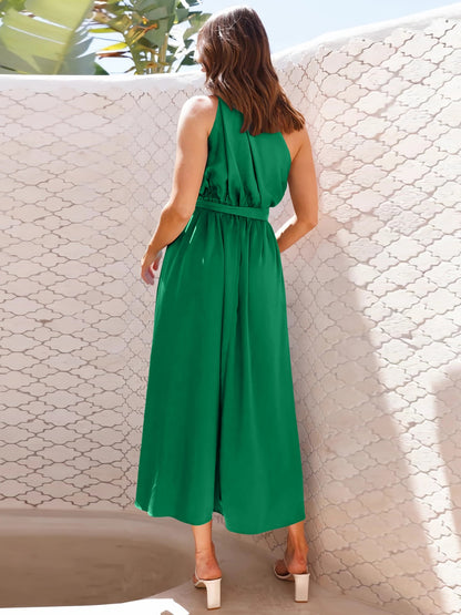Ruched Single Shoulder Belted Midi Dress