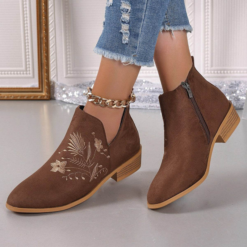 Embroidered Suede Point Toe Block Heel Boots - Fashions Envy