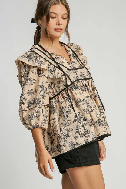 Taupe Ruffled Tie Neck Puff Sleeve Babydoll Blouse