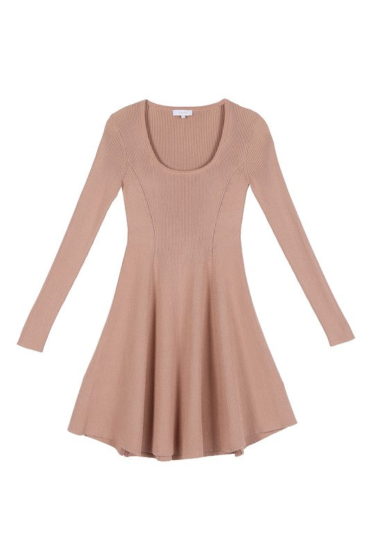 Long Sleeve Knitted Fit and Flare Mini Dress