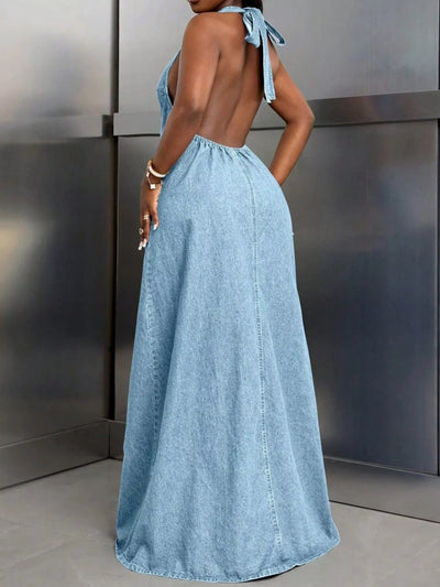 Backless Halter Neck Maxi Denim Dress - Fashions Envy