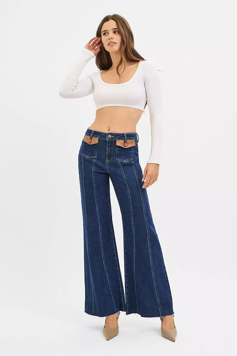 RISEN Wide Flare Jeans - High Rise Leather Pocket Detail - Fashions Envy