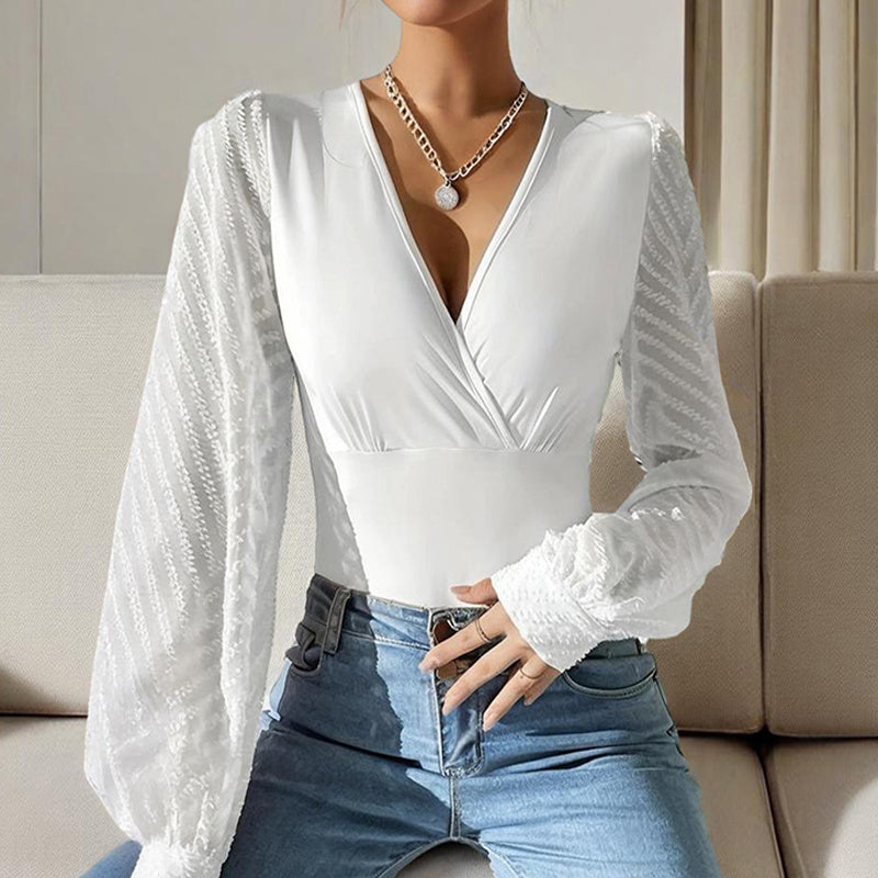 Deep V-Neck Chiffon Top - Criss-Cross Sheer Sleeves