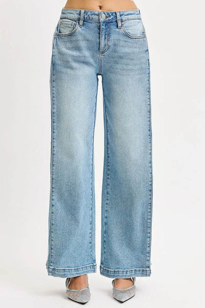 RISEN Mid Rise Wide Barrel Transferable Leg Snap Jeans - Fashions Envy
