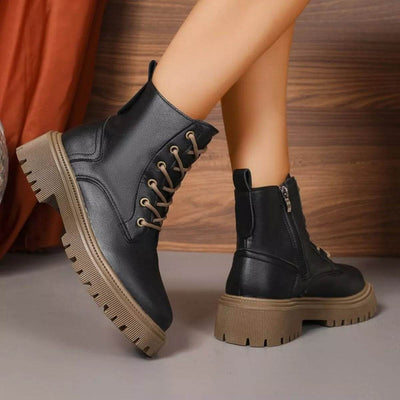 Lace Up Round Toe Boots - Mid Heel Ankle Boots - Fashions Envy