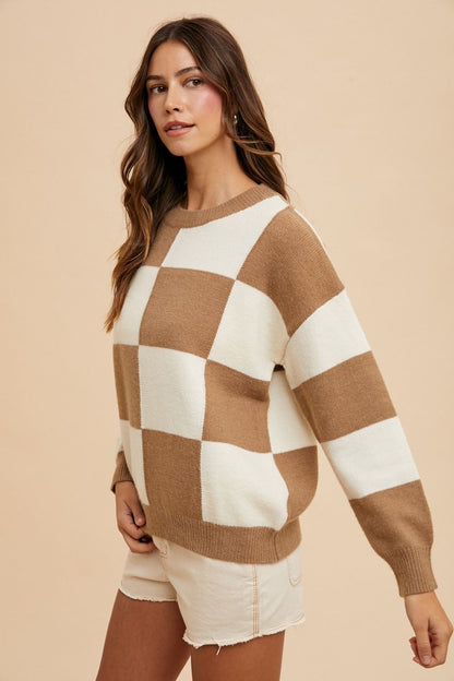 Mocha Checkered Round Neck Dropped Shoulder Sweater